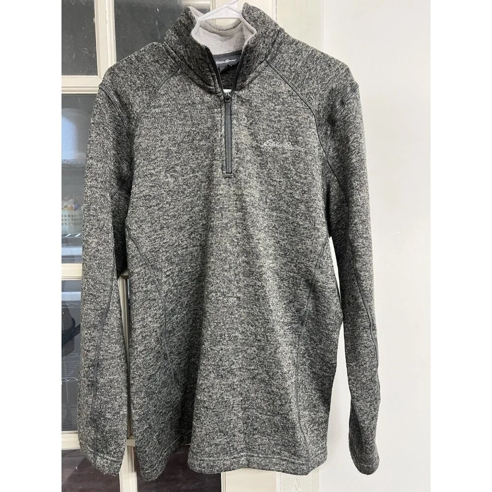 Eddie Bauer Sweatshirt Fleece Pullover Men’s Medium Gray Green Quarter Zip Logo - Picture 1 of 6